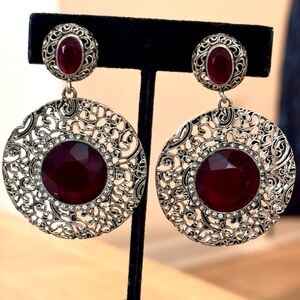 Vtg Silver Filigree & Ruby Red Glass Clip Earrings w Clear Stones New Deadstock